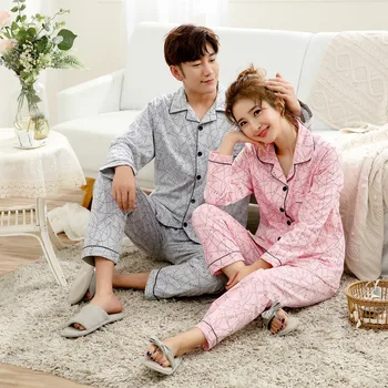 

Spring and Autumn New Style Couples Cardigan Casual Pajamas Couples Two-Piece Set Men and Women Pajamas Cotton Pajamas Long Slee
