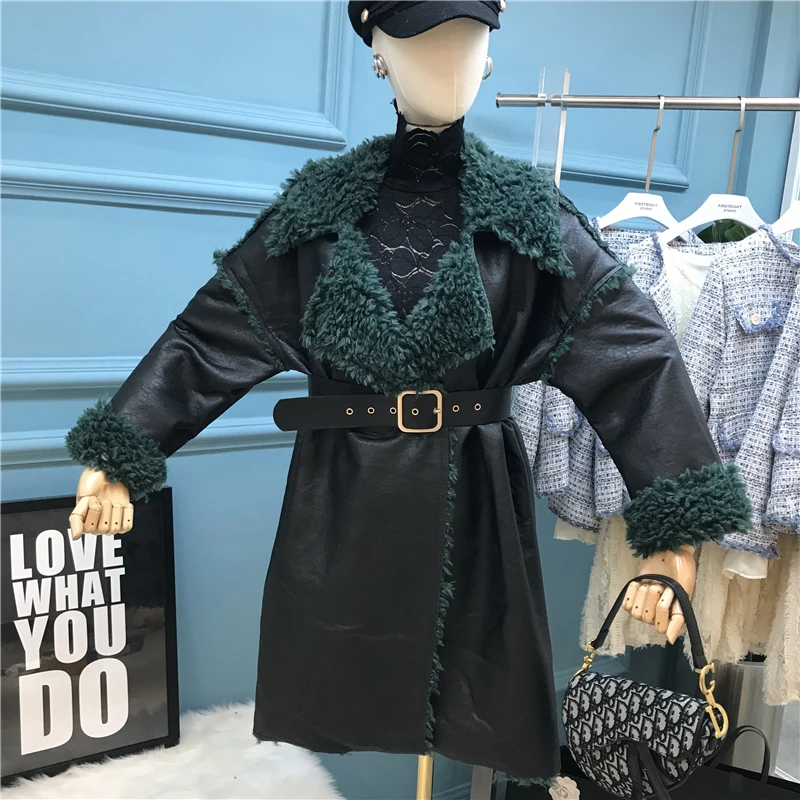 [EWQ] Новая Осенняя винтажная теплая куртка из овечьей шерсти на молнии с длинными рукавами и поясом, тонкая Толстая куртка из искусственной кожи