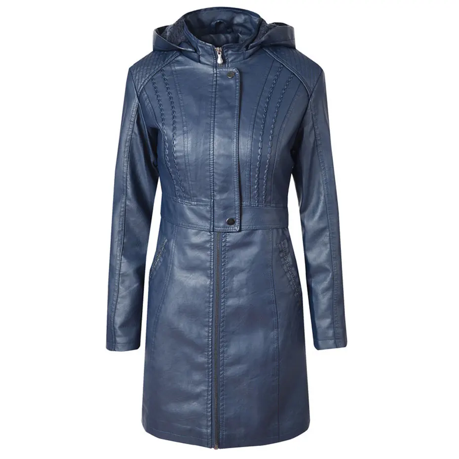 Hoodie Thick Fleece Long Leather Jacket Women's Winter Coat Warm Moto Outwear jaquetas couro veste cuir femme chaqueta mujer - Цвет: blue