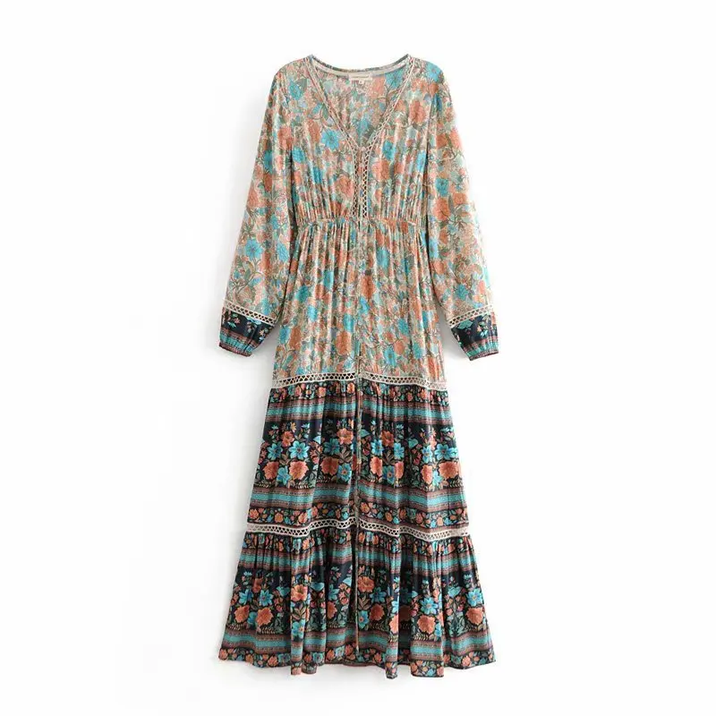 

2018 Europe And America Autumn WOMEN'S Dress Beige Positioning Printed V-neck Hollow out Waist Elastic Large Long Skirts 8197