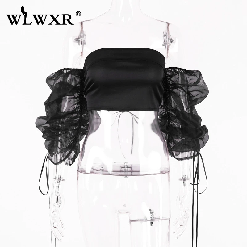 WLWXR, без бретелек, с низким вырезом на спине черный, белый цвет облегающий кроп Топ Для женщин со спущенными плечами Плиссированное Сексуальная майка летние женские повязки сетчатые Топы