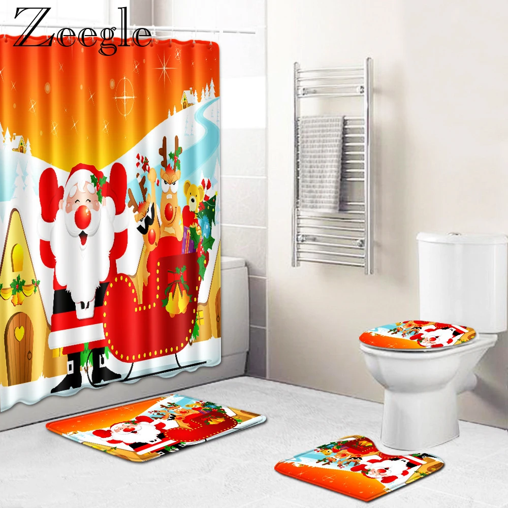 Zeegle Christmas Bath Curtain Shower Curtain Bathroom Carpet Set Absorbent Toilet Rug Shower Mat Washable Bathroom Rug Set Bath Mats Aliexpress