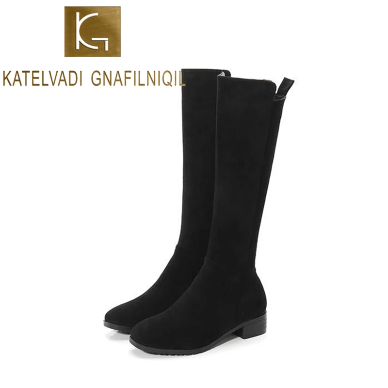 KATELVADI/Лидер продаж сапоги до колена модная женская обувь черного цвета из флока