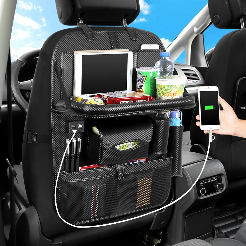 Carbon with Shelf 4 USB из искусственной кожи автомобильное сиденье задняя Складная портативная коробка для хранения многофункциональный автомобильный Органайзер портативные сумки для хранения салфеток органайзер для багажника - Название цвета: Carbon with Shelf