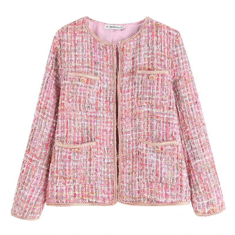 

RR Tweed Jackets Women Fashion O Neck Coats Women Elegant Long Sleeve Pockets Buttons Short Jackets Female Ladies IF