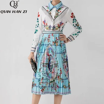 

Qian Han Zi 2020 New Designer Spring Fashion Dress Women's Long Sleeve Floral Print Casual Tassel Elegant Pleated Midi Dress