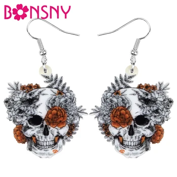 

Bonsny Acrylic Halloween Gray Skeleton Skull Earrings Print Flower Dangle Drop Jewelry For Women Girls Kids Trendy Festival Gift