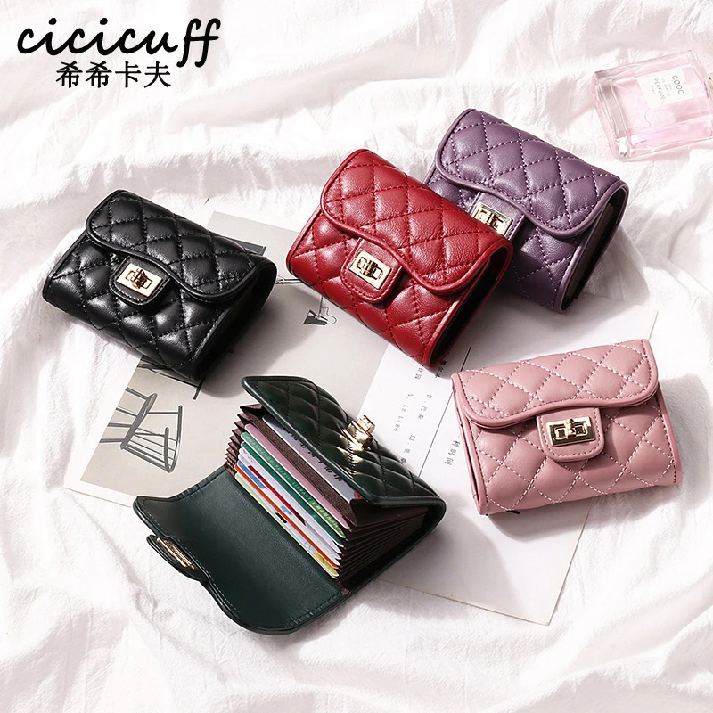 

CICICUFF Women's Multi-card Plaid Credit Card Holder Sheepskin Genuine Leather Business Card Bag ID Holders Ladies 5 Colors