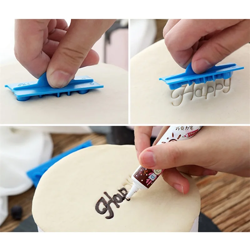 6pcs/set Handwriting Fondant Cake Embosser Plastic Letters Mold Happy Birthday Best Wishes Baking Molds Decoration Tool afbeelding