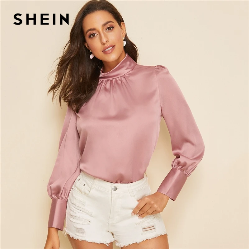 

SHEIN Pink Stand Collar Button Keyhole Satin Blouse Elegant Top Women Spring Autumn Long Sleeve Solid Office Ladies Blouses