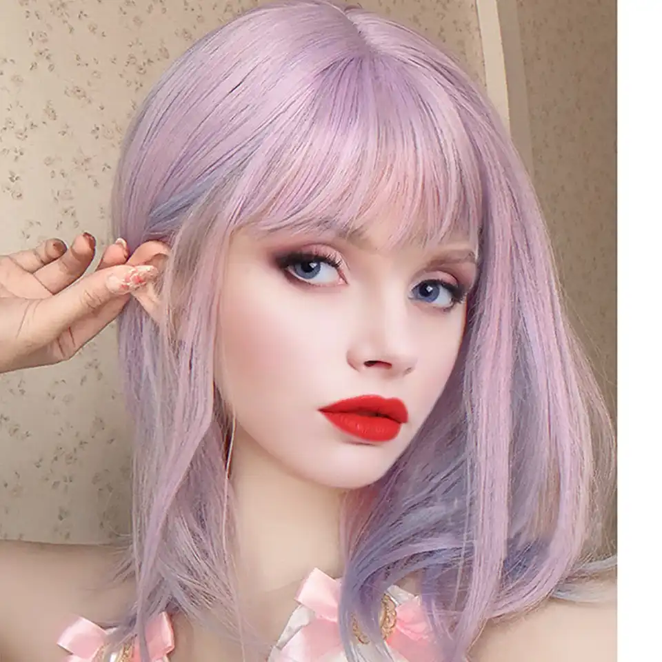 Huaya Short Straight Purple Synthetic Wig Lolita Short Bob Wig With Bangs Cosplay Wigs For Women American Pink Green Yellow Wig Synthetic None Lace Wigs Aliexpress