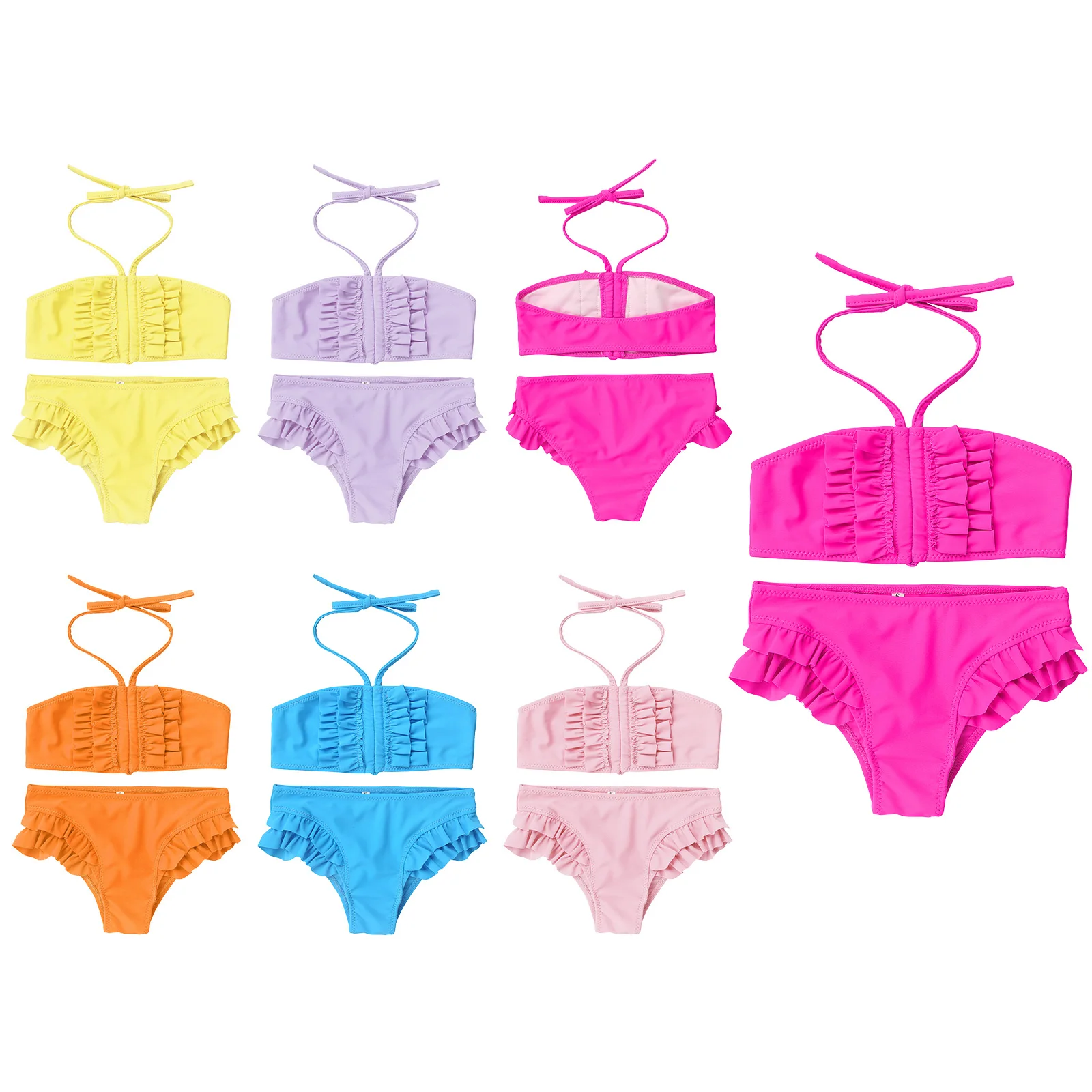 Traje de baño Color liso para niñas, bañador con cordón, sujetador volantes en la parte con boleros, ropa de de baño| - AliExpress