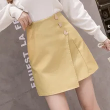 Осеннее Новое поступление, корейские, Уайлд Высокая талия из искусственной кожи нерегулярные Кнопка дизайнерская юбка с надписью короткая юбка женская