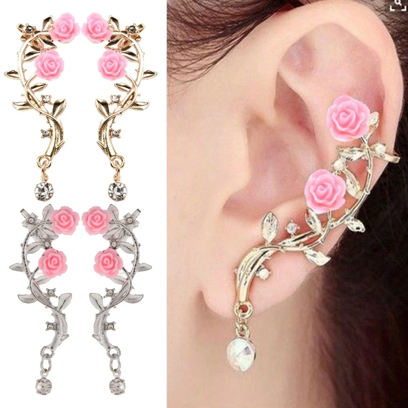 Vintage Rose Flower Cuff Earrings Trendy Rose Flower Climber Crawler Earrings Sparkly Metal Leaf Ear Cuff for Women Girl ear clip earrings clip earrings ear clip ear accessories