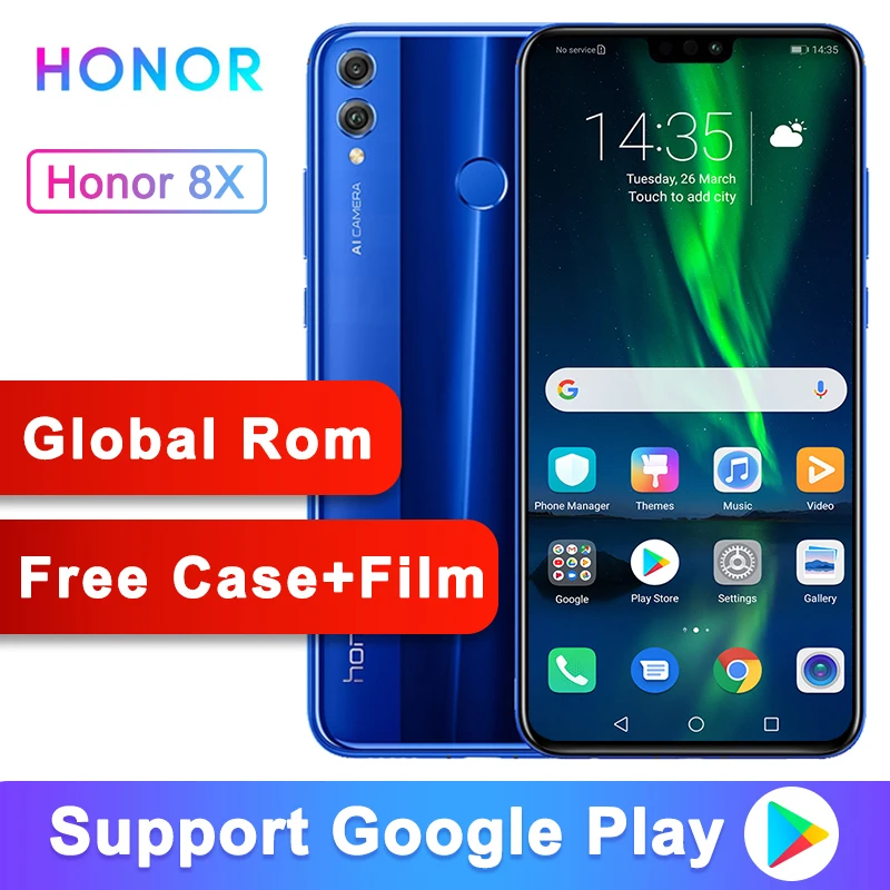 Глобальная версия опционально оригинальный Honor 8X 6,5-дюймовый экран 3750mAh 20MP Две камеры Android 8,2 многоязычный смартфон