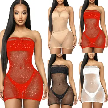 

Women 2020 Newest Shiny Bronzing Bandeau Fishnet Mesh Sheer Bikini Cover Up Bathing Summer Beach Dress Suit See Through Swimsuit