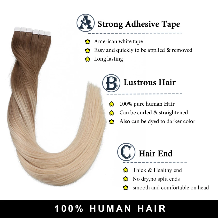 European Ombre Balayage Tape In 100% Real Remy Human Hair Extensions Seamless