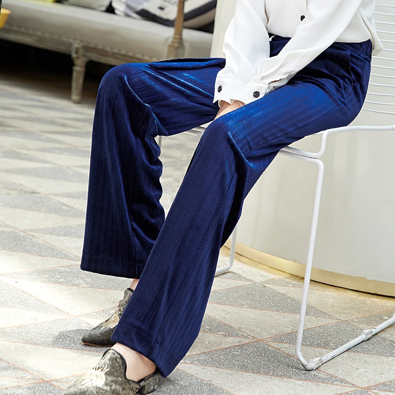 

High Waist Pleuche Wide Leg Pants Women Fall Winter 2019 Reflective Pants Elastic Waist Casual Loose Straight Pants with Sashes