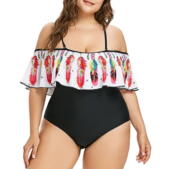 

2019 Summer Swimwear Women One Piece Padded Swimwear Plus Size Feather Swimsuit Bikini Tankini Bathing Suits Bodysuit Monokini