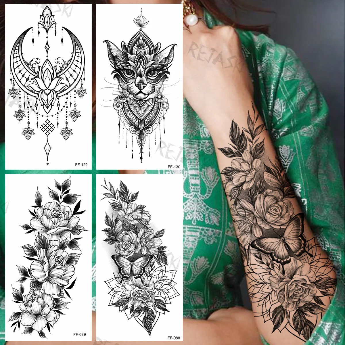 Black Dahlia Butterfly Temporary Tattoos For Women Girls Realistic Mandala Flower Flora Fake Tattoo Sticker Arm Back Tatoos Diy Temporary Tattoos Aliexpress