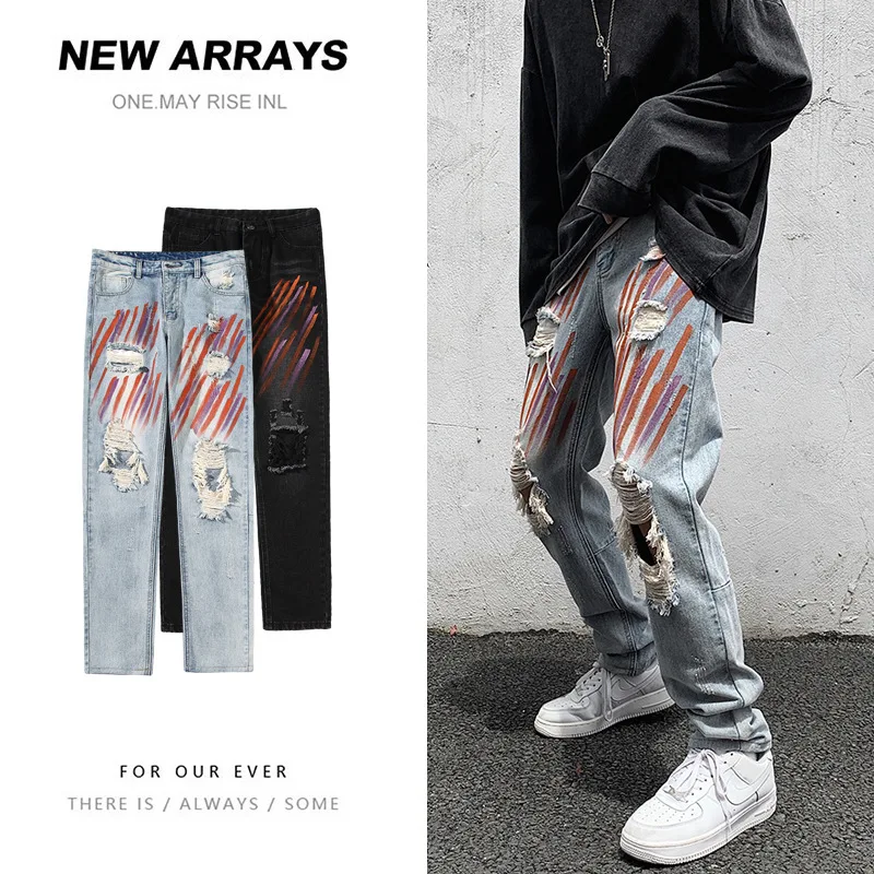 ICCLEK Pants High Street Jeans Ripped Ink-splattered Jeans Men's 2021 New Loose Straight-leg Pants Mens Pants  Streetwear Men
