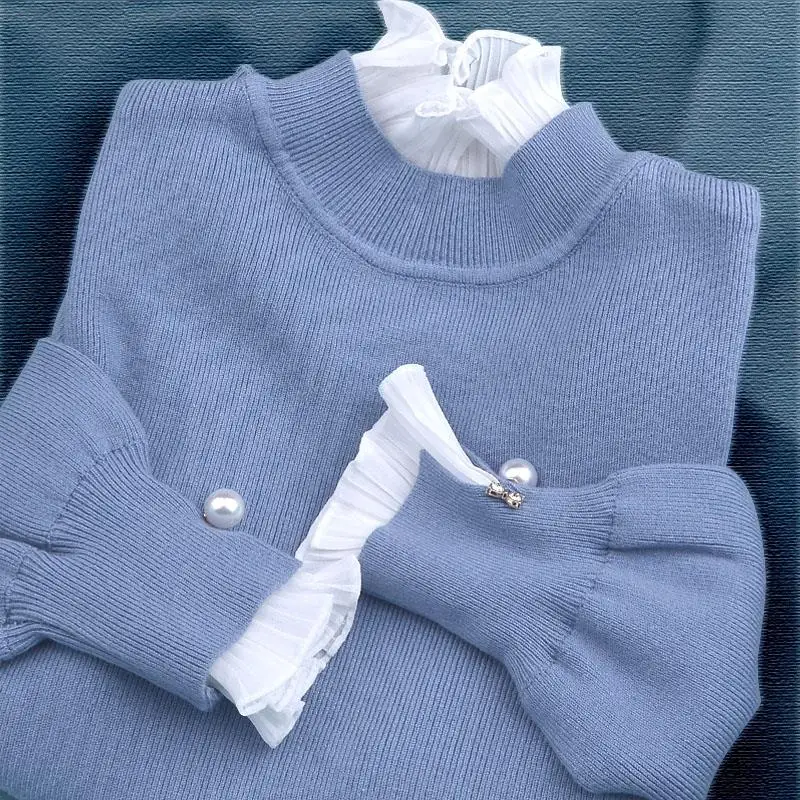 patchwork chiffon sweater women autumn pearls Flare sleeve pull femme pullover | Женская одежда