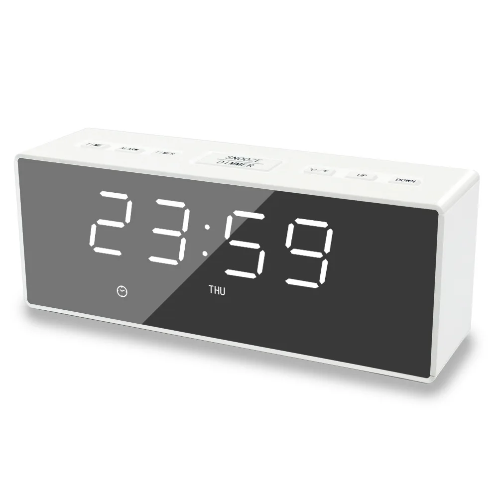 Электрический светодиодный Будильник с Беспроводное зарядное утройство для телефона Настольные Цифровые часы с термометром HD зеркальные часы с памятью времени - Цвет: Белый