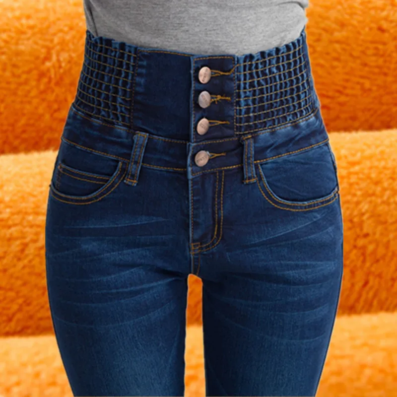 Женские зимние джинсы с флисовой подкладкой, повседневные джеггинсы с эластичной талией, плюс размер, джинсы для женщин с высокой талией, обтягивающие теплые джинсы
