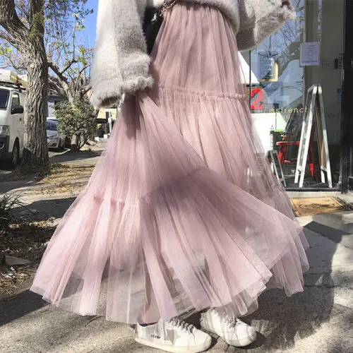 

2019 New Ins Womens Girls Layers Elastic Mesh Tulle Solid Skirt Long Princess Tutu High Waist Skirts