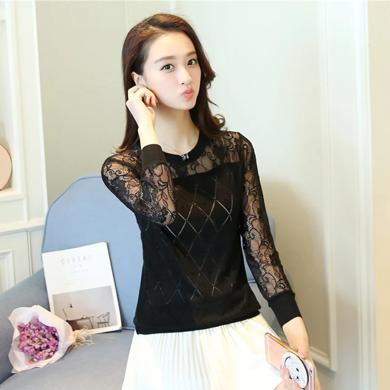 

Spring and Autumn 2019 Long Sleeve Hundred New Thin Knitted Sweater-Women's Top, Round Neck, Short Lace Sweater-0m720