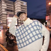 UYUK Winter High Collar Embroidery Lattice Stitching Geometric Pattern Set Head Youth Casual Trend Men's Sweaters Clothes UYUK Winter High Collar Embroidery Lattice Stitching Geometric Pattern Set Head Youth Casual Trend Men's Sweaters Clothes