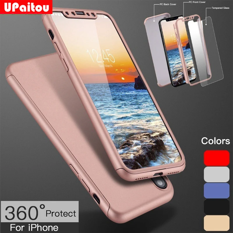 

360 Degree Full Case for iPhone X XR XS Max 8 7 6 6S Plus 5 5S SE Hard PC Case Luxury Cover Case with Tempered Glass