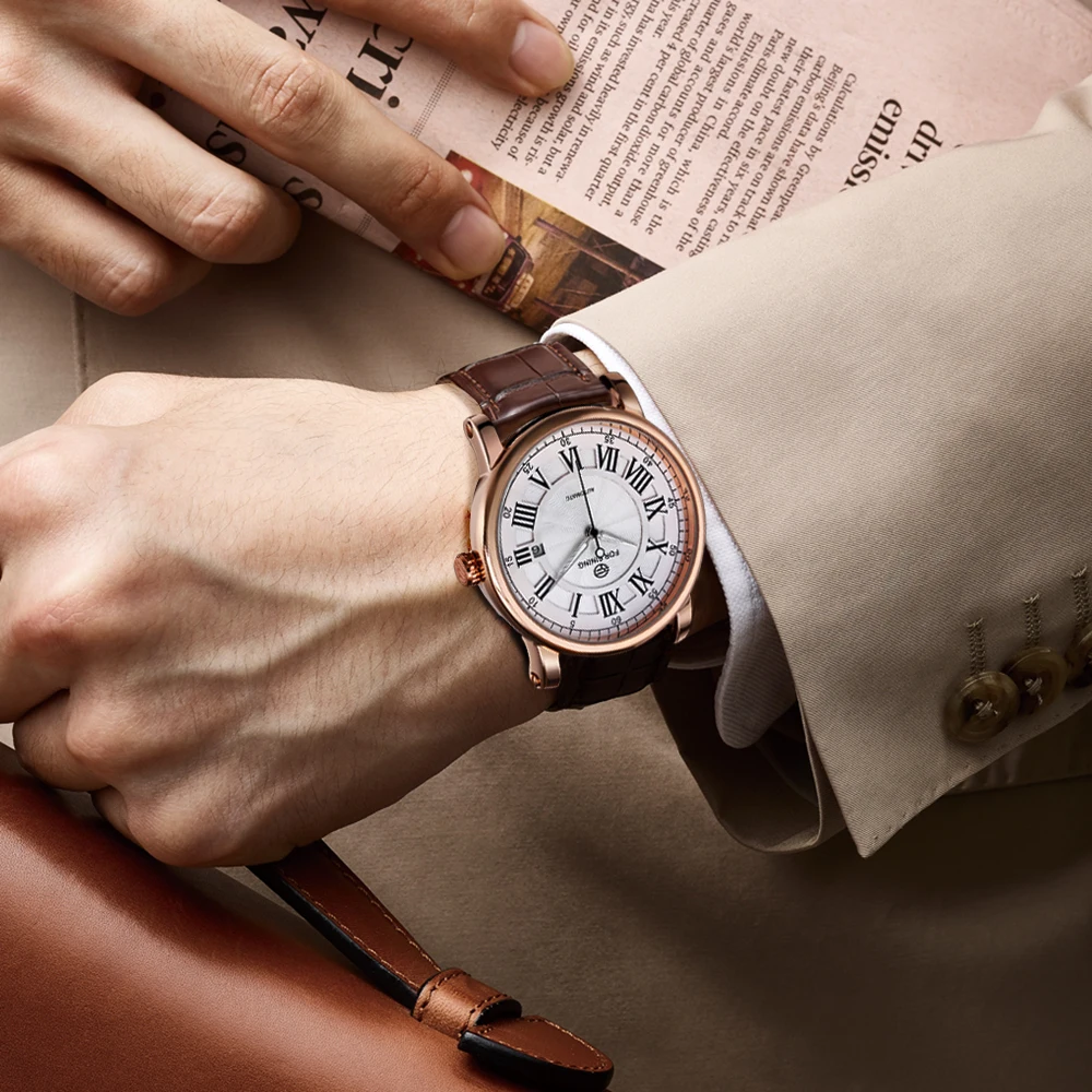 Mechanical Watch Man Watch Mechanical Automatic Watch Luxury Retro Roma Classic Black Leather Band Calendar Watches