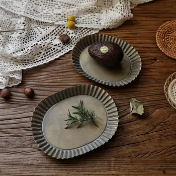 

Floral Rim Handcrafted Vintage Antique Metal Tray Ribboned Round Iron Tray Rustic Retro Tray for Home Church Wedding