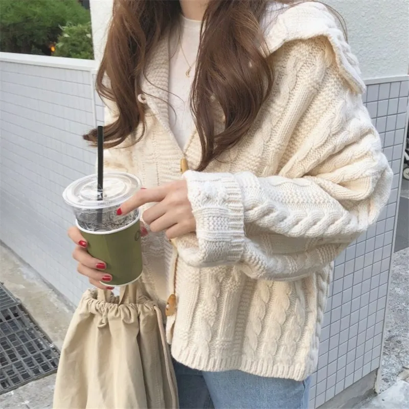 

Lazy Style Autumn Winter Elegant Beige Coats Women Clothing Warm Soft Loose Cardigan Preppy Style Casual Sweet Knitted Sweater