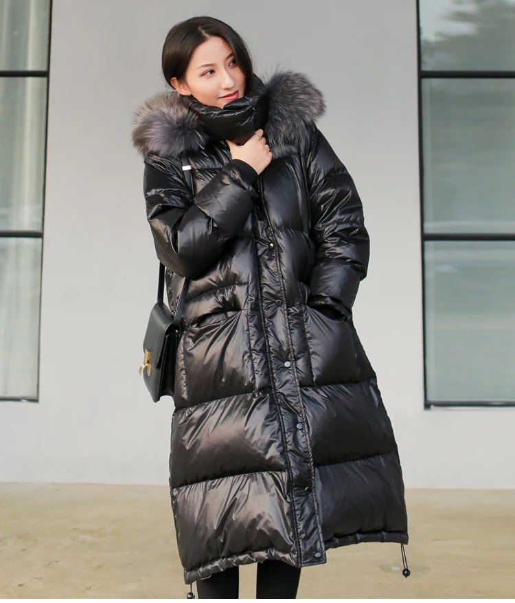 Натуральный мех с капюшоном пуховик пальто толстый белый утиный пух женский корейский черный длинный теплый ветровка Блестящий глянцевый Зимний пуховик