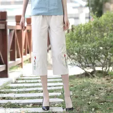 Woman Summer Cropped Pant Chinese Flower Embroidery Design Cotton Elastic Waist Crop Trousers Middle Aged Women stitchwork Pants Pants Woman Summer Cropped Pant Chinese Flower Embroidery Design Cotton Elastic Waist Crop Trousers Middle Aged Women stitchwork Pants Pants