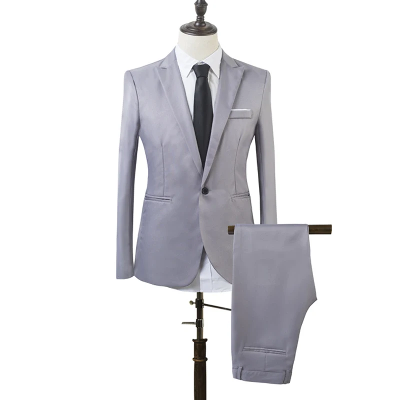 Лидер продаж, комплект из 2 предметов, весна-осень, Мужской приталенный деловой костюм, однотонный, простой дизайн, официальные костюмы, вечерние, свадебные - Цвет: Серый