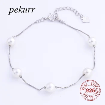 

Pekurr 925 Sterling Silver 6.2mm Round White Pearl Bracelet & Bangle For Women Fine Beads Jewelry Box Chain Gift