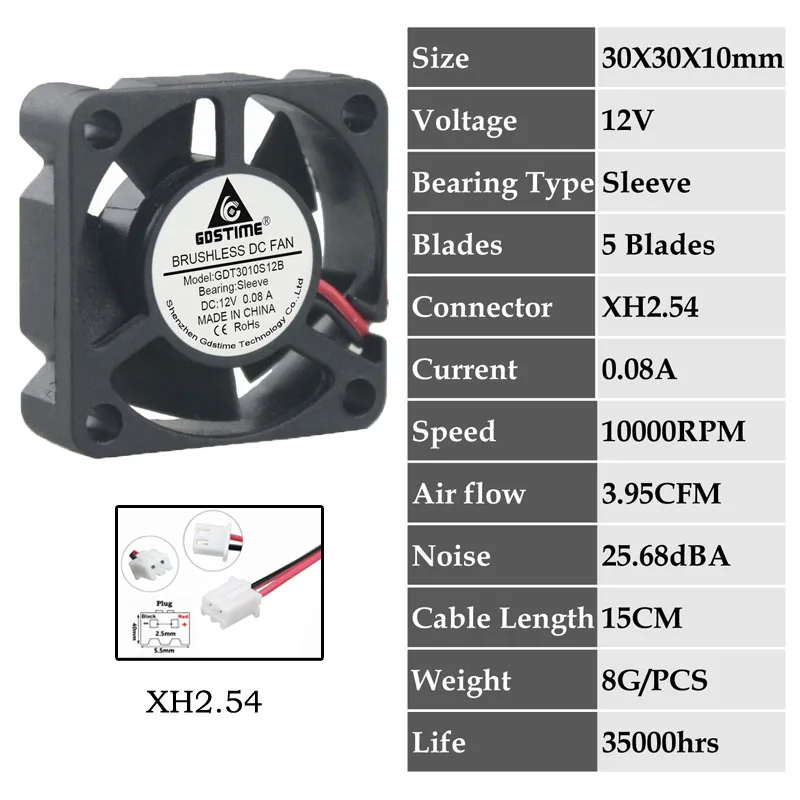 0.08A3010S12V2P2.54 5 шт. Gdstime DC 24 в 12 В 5 в 3 см 30x30x10 мм 2Pin шарикоподшипник портативный вентилятор охлаждения Dupont 2,54 2,0 30 мм x 10 мм охладитель 3010 - Цвет лезвия: 0.08A3010S12V2P2.54