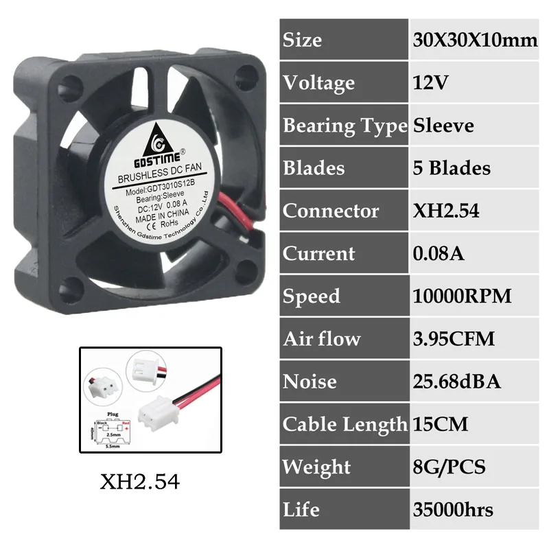 5 шт. Gdstime DC 24 в 12 В 5 в 3 см 30x30x10 мм 2Pin шарикоподшипник портативный вентилятор охлаждения Dupont 2,54 2,0 30 мм x 10 мм охладитель 3010 - Цвет лезвия: 0.08A3010S12V2P2.54