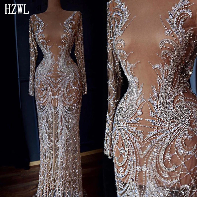

Dubai Designer Luxury Illusion Sexy Evening Dresses 2020 Beaded Crystal Long Sleeve Sequined Prom Gowns robe de soiree
