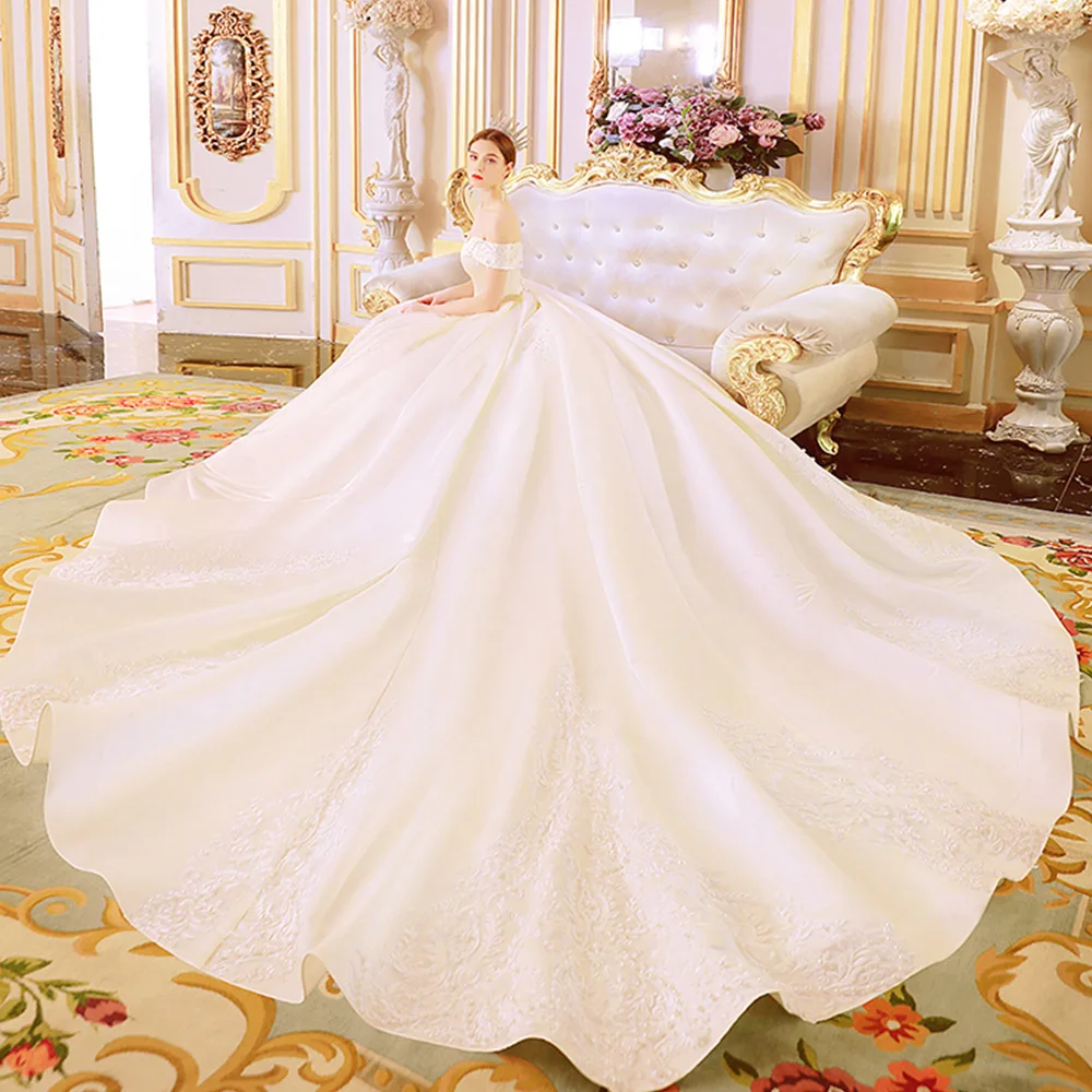 Лучшее французское сатиновое свадебное платье Vestido De Casamento, вырез лодочкой, короткий рукав, шнуровка, жемчуг, Аппликации, а-силуэт, свадебные платья