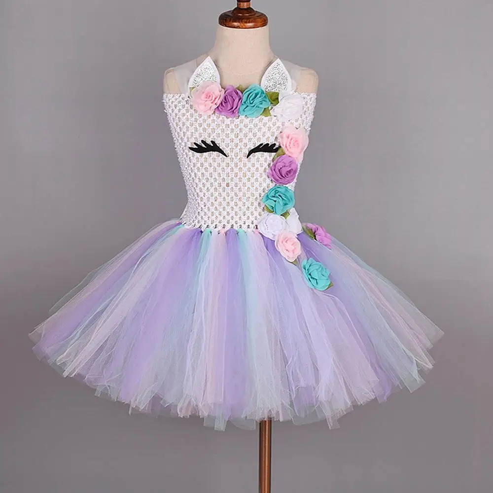 

Girls Unicorn Tutu Dress Pastel Rainbow Baby Birthday Party Dresses Kids Halloween Unicorn Costume w Unicorn Headband 1-12Y