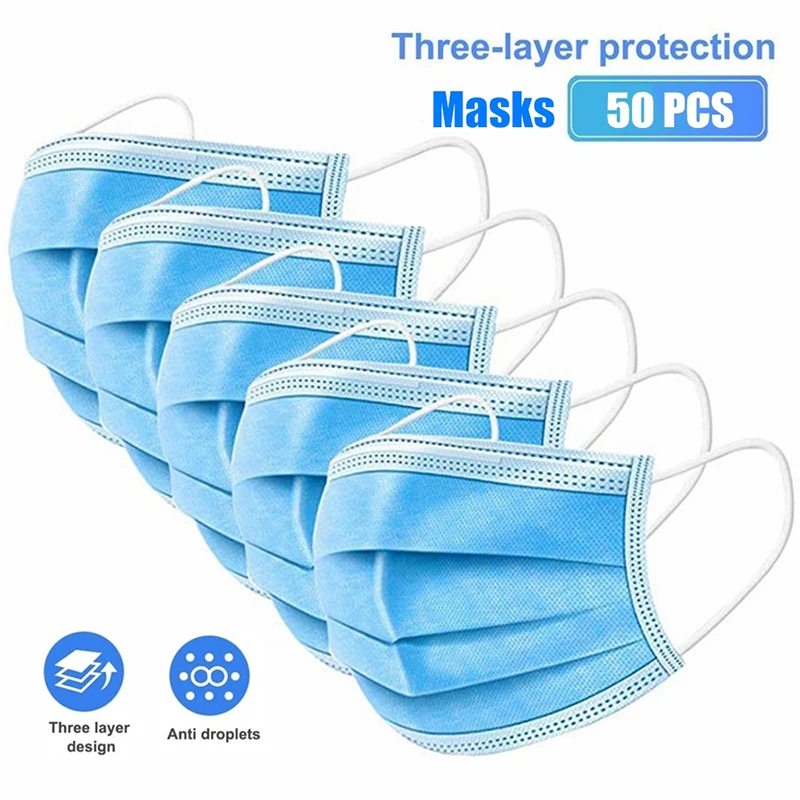 

50 Pcs Non-Woven Disposable Face Protective Masks 3 Layers Antibacterial PM2.5 Anti-COVID-19 Virus Earloops Face Anti-Dust Mask
