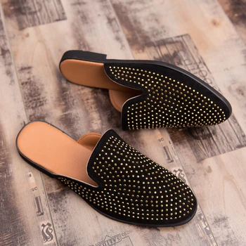 

Men's Suede Leather Open Back Slip-On Dress Slippers on Backless Velvet Loafers Lazy Person Half Shoe for Men Size EUR38-44