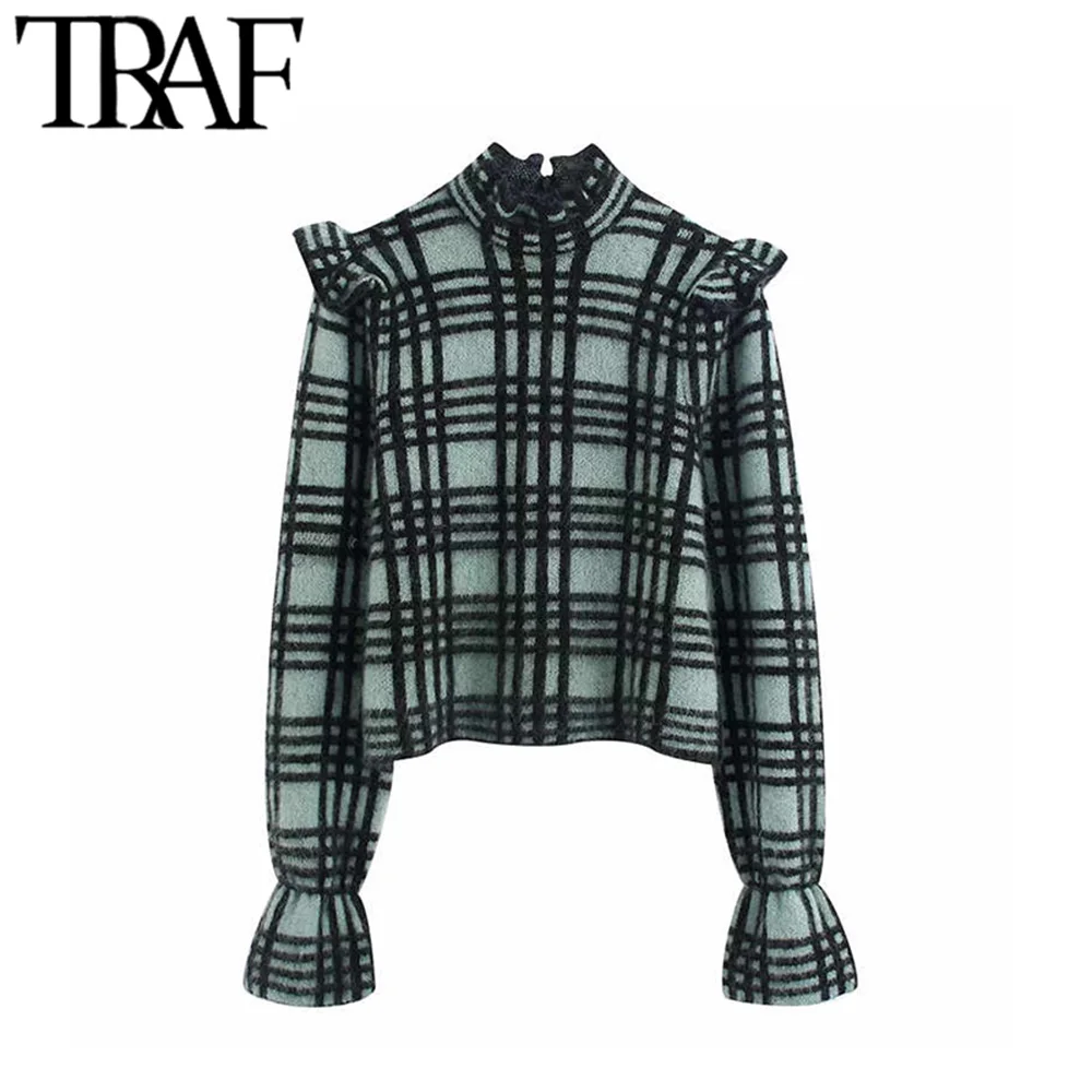 

TRAF Women Vintage Stylish Ruffled Plaid Cropped Knitted Sweater Fashion High Collar Long Sleeve Female Pullovers Chic Tops