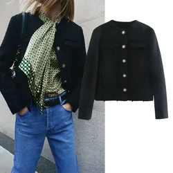Estilo britânico feminino terno za 2021 moda tweed forro blazer casaco vintage manga longa único breasted feminino outerwear chiques topos