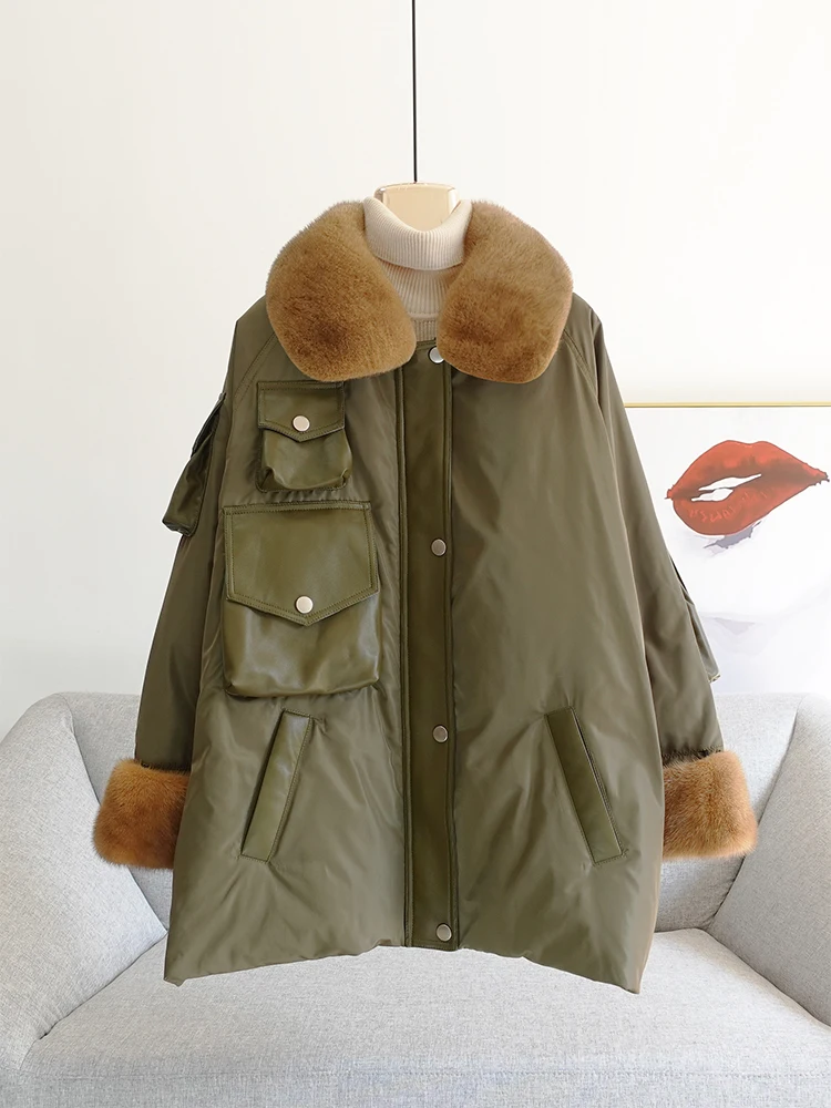 

Mink fur collar parker stitching down jacket women's 2020 new European station design sense mid-length European fur