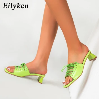 

Eilyken Summer Women Slippers Mules High Heels Fashion Hollow Cross Tie Female Sexy Sandals Fluorescent Green Big Size 42 43
